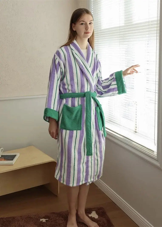 Ultra Soft Whimsical Retro Stripe Bathrobe - 100% Organic Long-stapled Cotton - Memoriex 