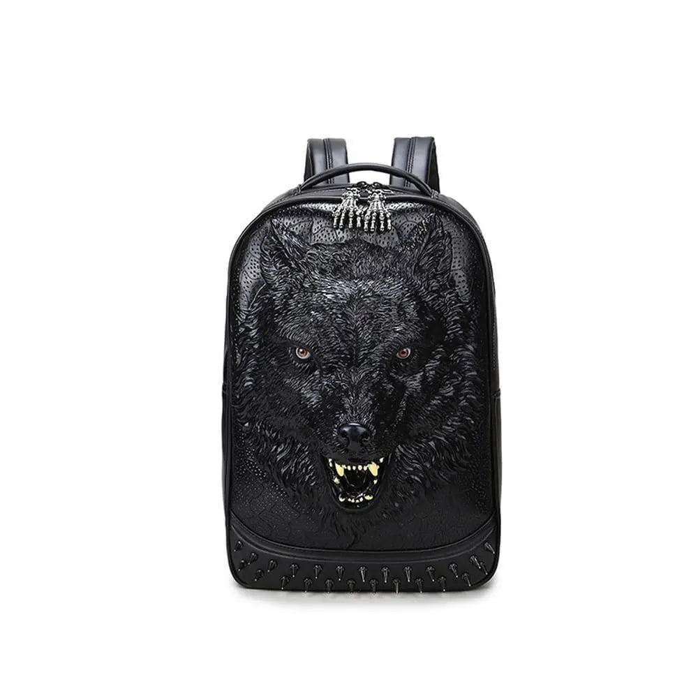 Unisex 3D Angry Wolf PU Leather Casual Laptop Rivet Fashion Backpack-1