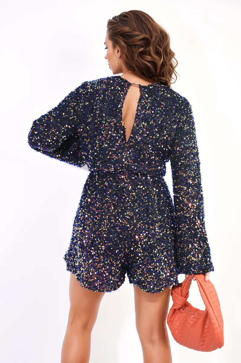 V Neck Belted Sequin Mini Dress - Memoriex 