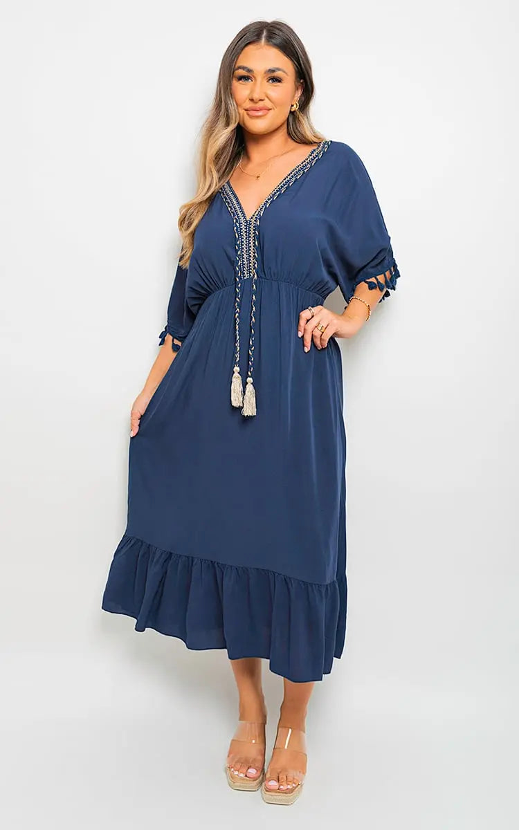 V-Neck Rope Tassel Detail Maxi Dress-2