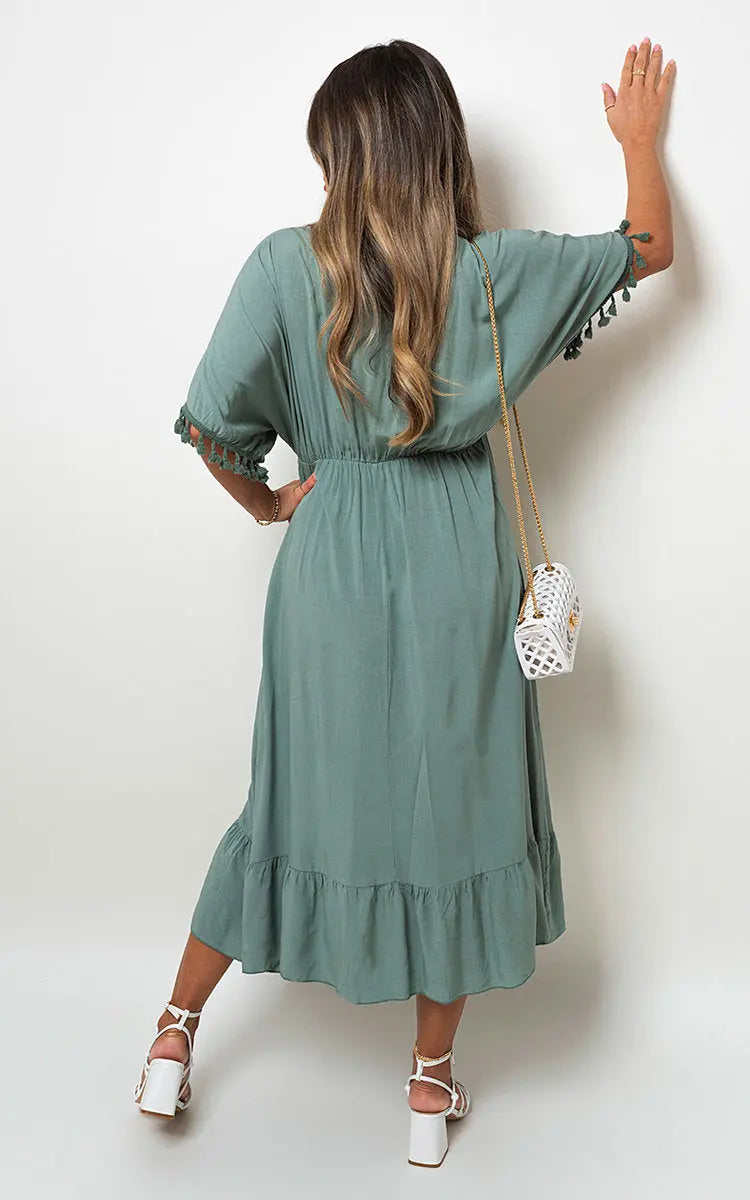 V-Neck Rope Tassel Detail Maxi Dress-10