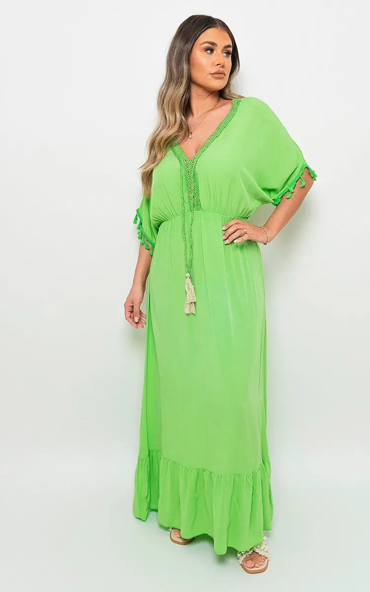 V-Neck Rope Tassel Detail Maxi Dress-5