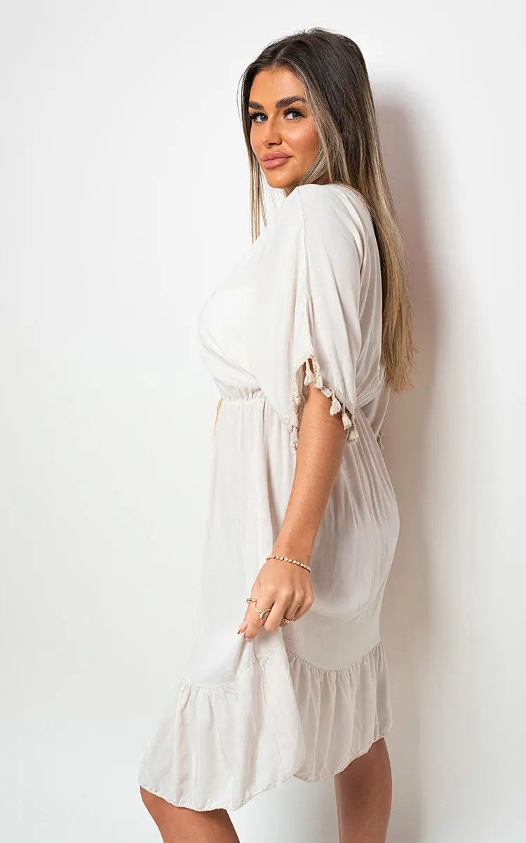 V-Neck Short Sleeve Midi Dress with Tassel Detail-40