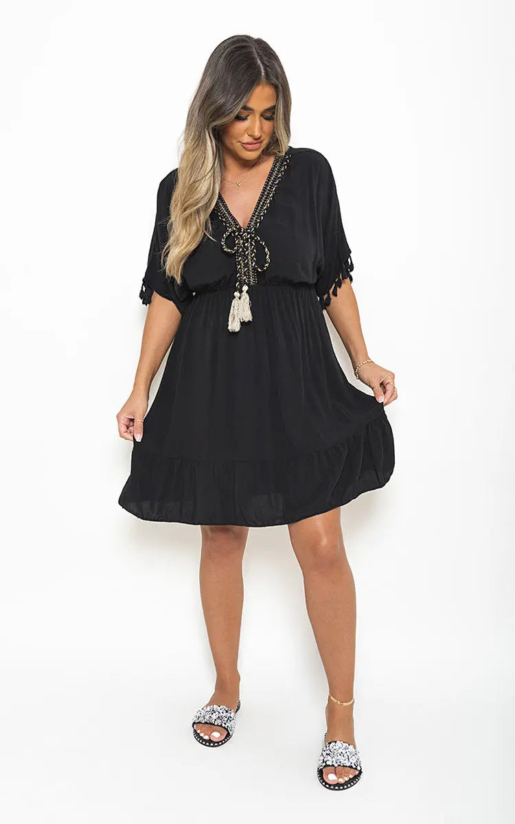 V-Neck Short Sleeve Midi Dress with Tassel Detail-0