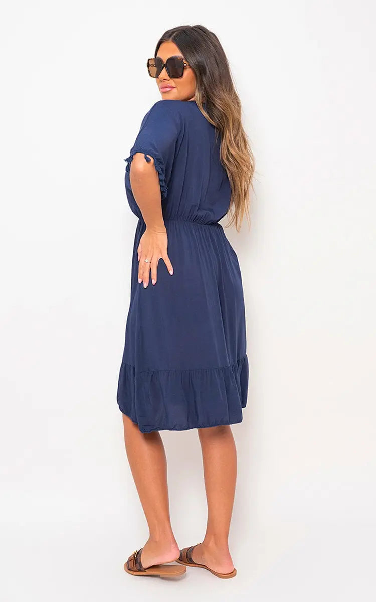 V-Neck Short Sleeve Midi Dress with Tassel Detail-11