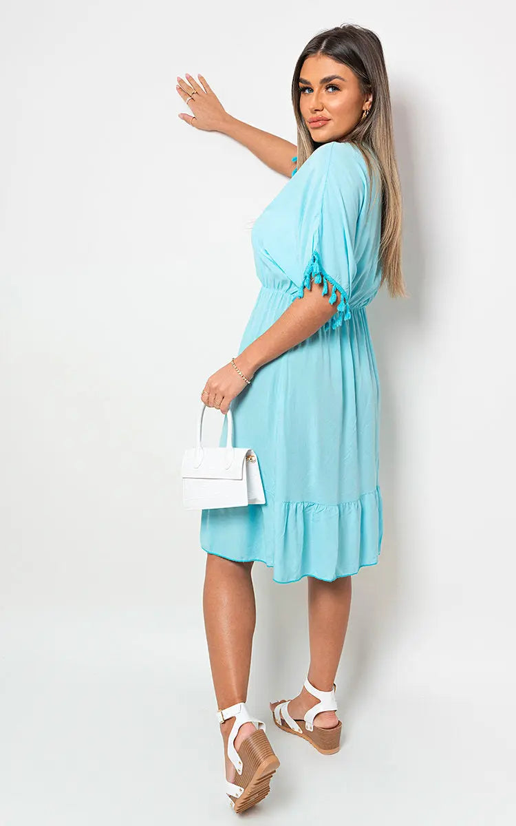 V-Neck Short Sleeve Midi Dress with Tassel Detail-41