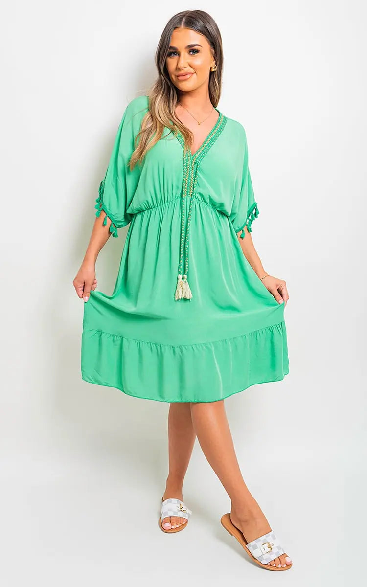 V-Neck Short Sleeve Midi Dress with Tassel Detail-23