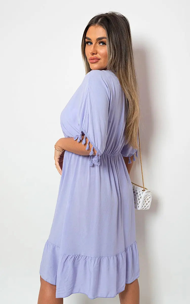 V-Neck Short Sleeve Midi Dress with Tassel Detail-33