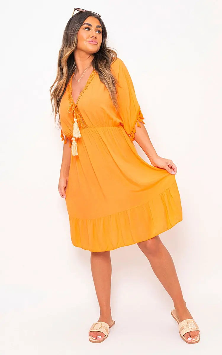 V-Neck Short Sleeve Midi Dress with Tassel Detail-14