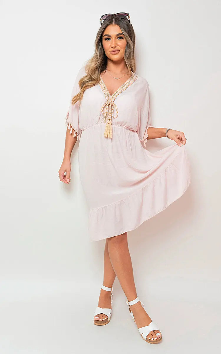 V-Neck Short Sleeve Midi Dress with Tassel Detail-26