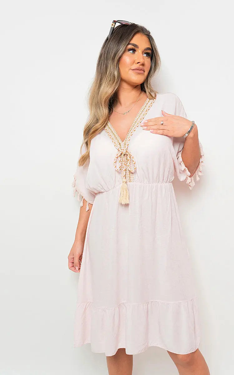 V-Neck Short Sleeve Midi Dress with Tassel Detail-27