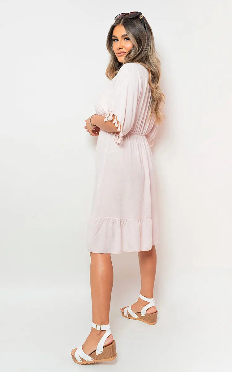 V-Neck Short Sleeve Midi Dress with Tassel Detail-28