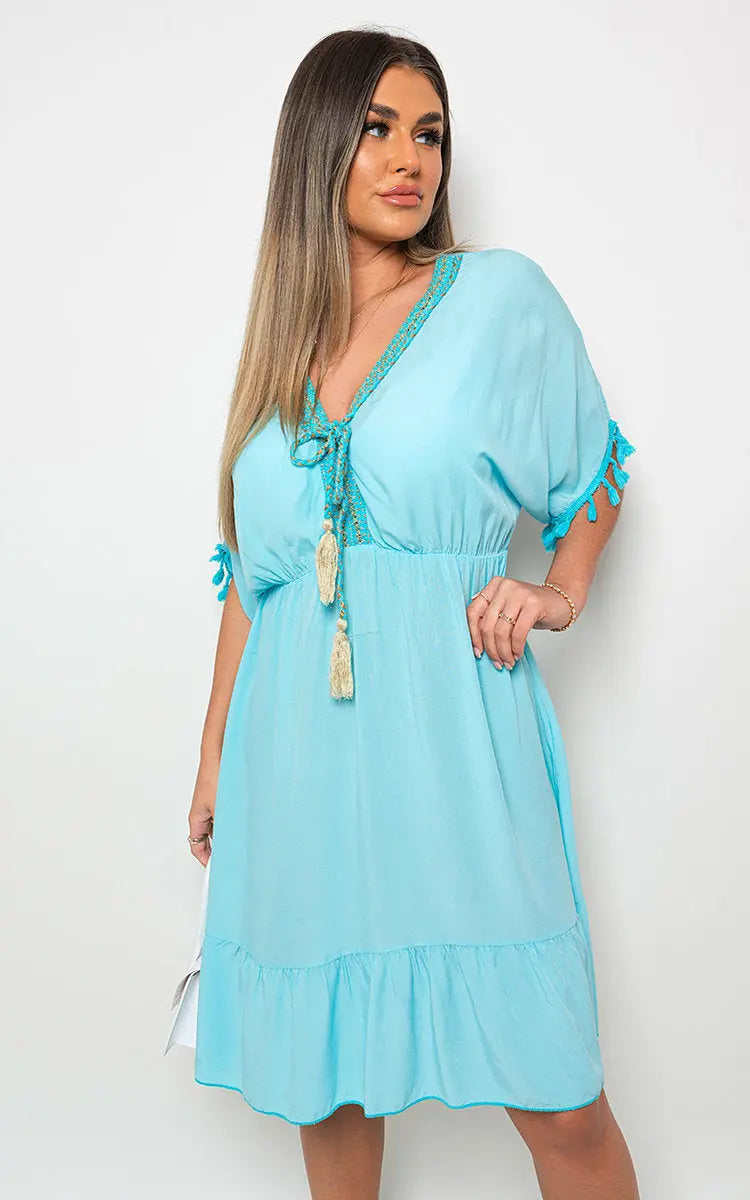 V-Neck Short Sleeve Midi Dress with Tassel Detail-38