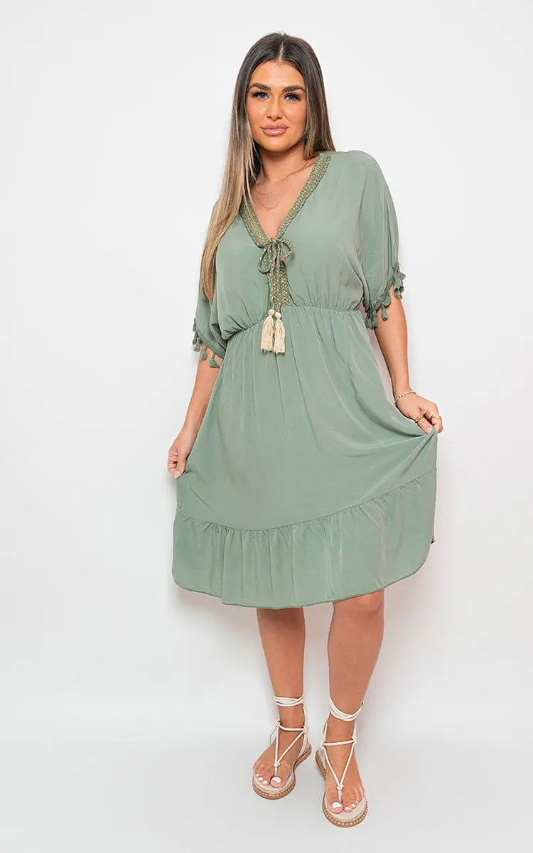 V-Neck Short Sleeve Midi Dress with Tassel Detail-29