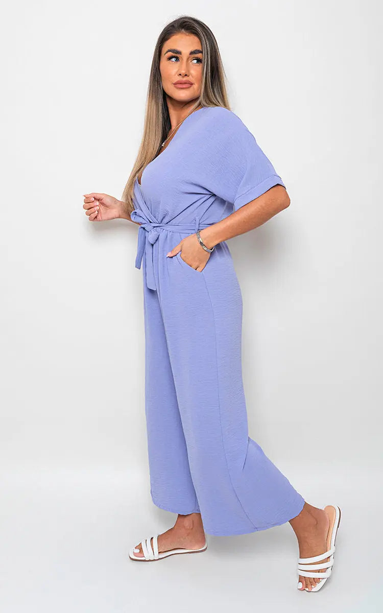 V Neck Tie Waist Short Sleeve Jumpsuit-5