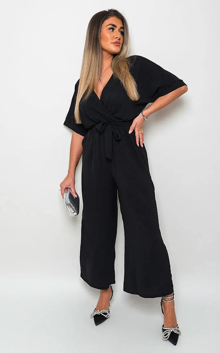 V Neck Tie Waist Short Sleeve Jumpsuit-9