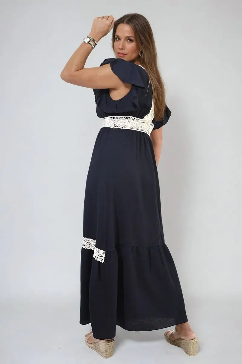 V-neck Lace Trim Maxi Dress-2