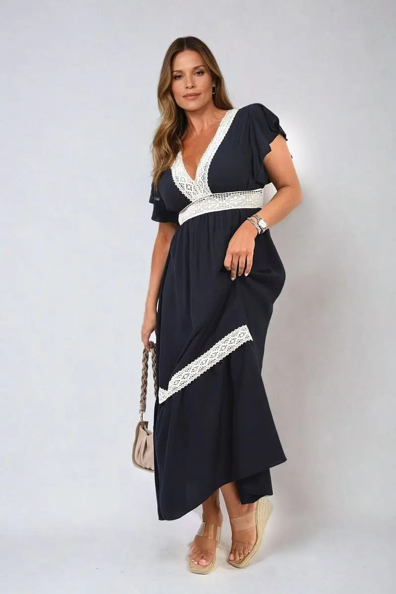 V-neck Lace Trim Maxi Dress-3