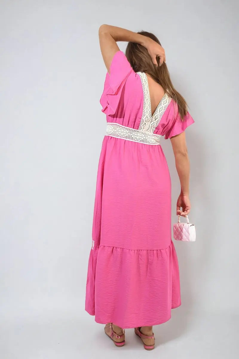 V-neck Lace Trim Maxi Dress-5