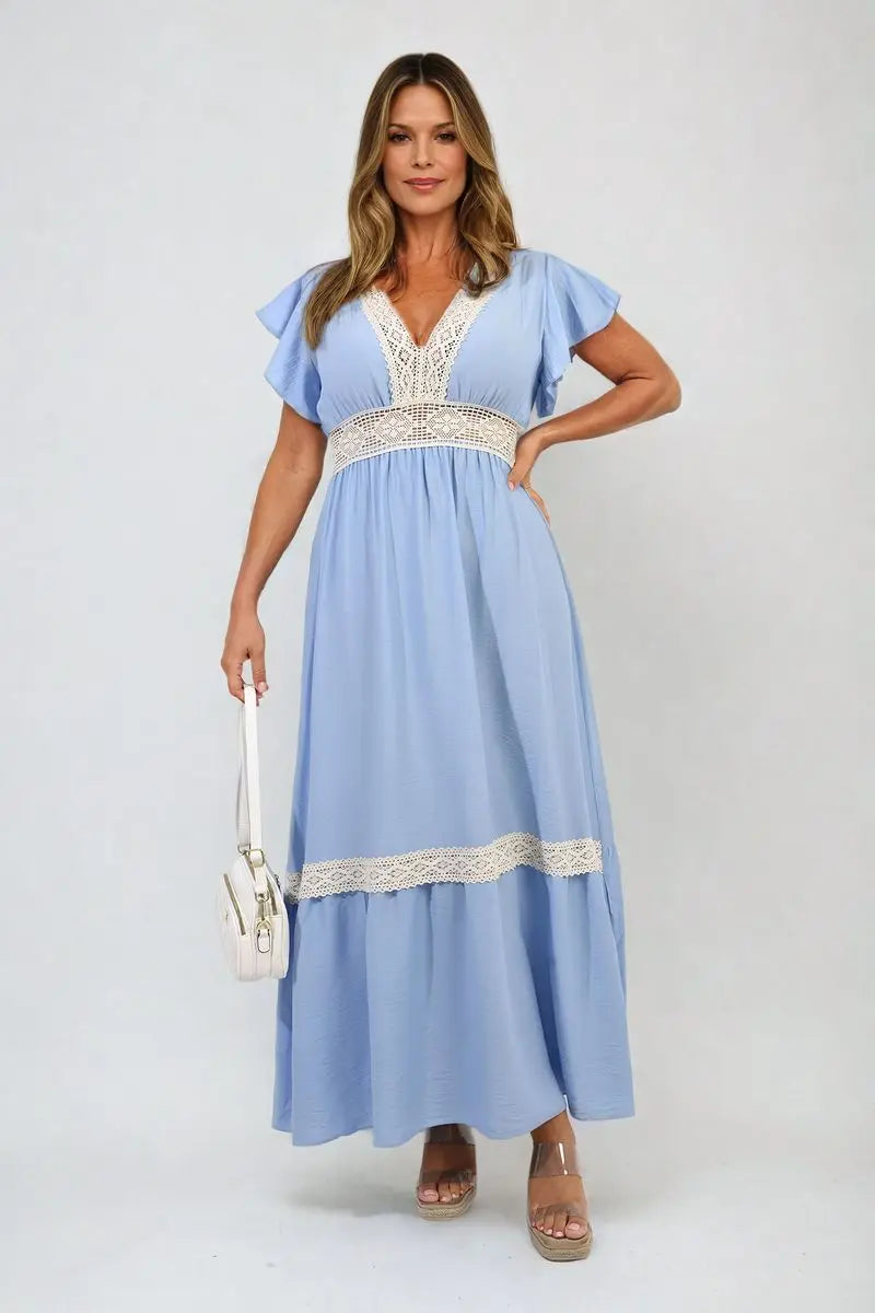 V-neck Lace Trim Maxi Dress-7