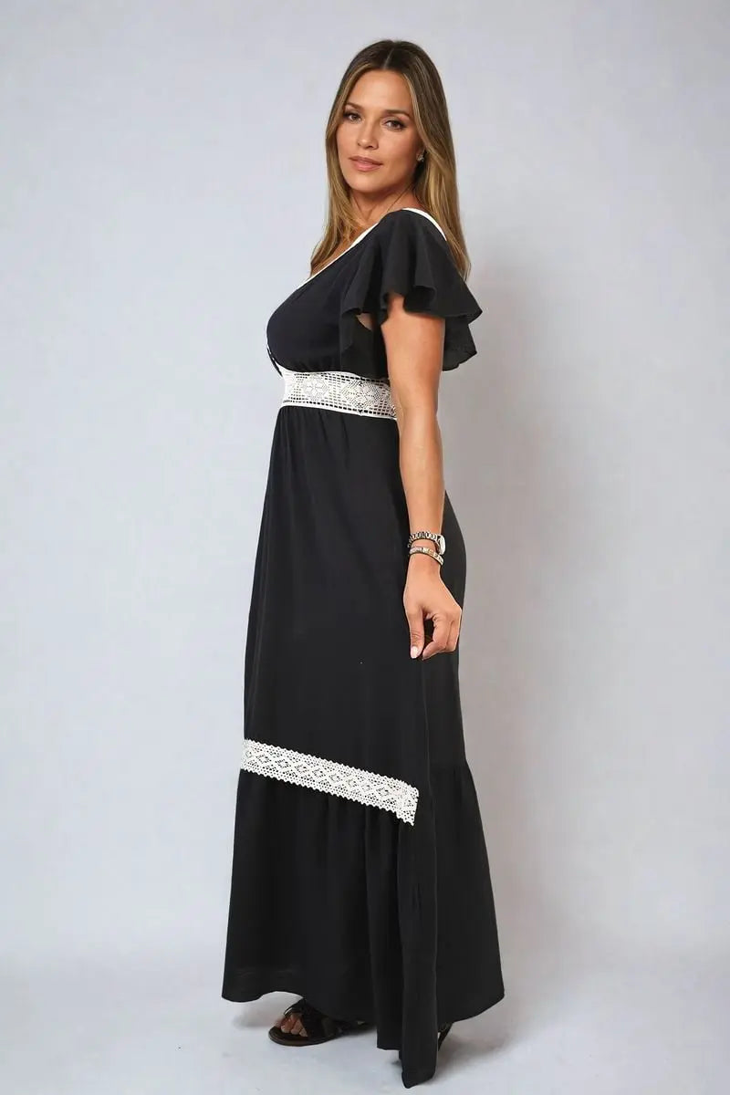 V-neck Lace Trim Maxi Dress-9