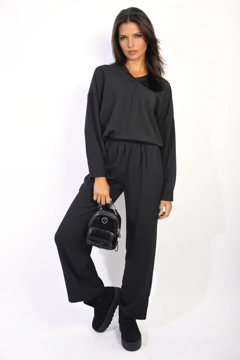 V-neck Long Sleeve Top and Wide Leg Pants Co-ord Set-15