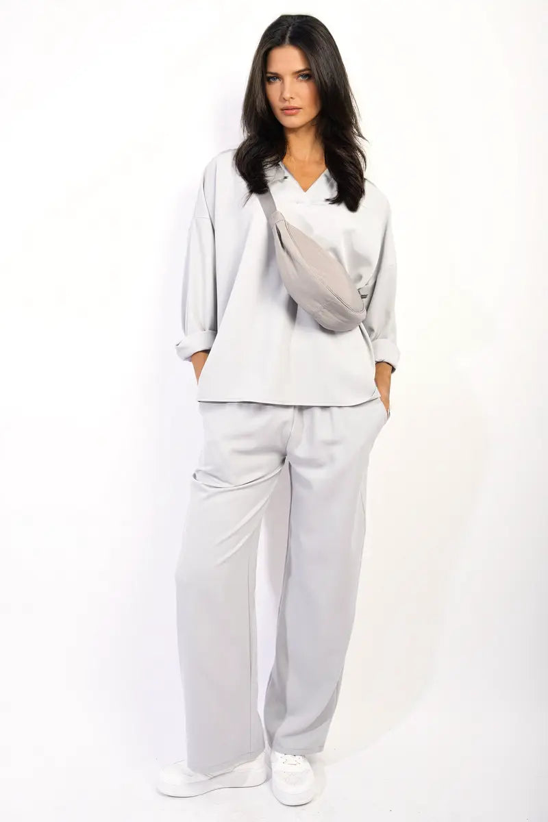 V-neck Long Sleeve Top and Wide Leg Pants Co-ord Set-18