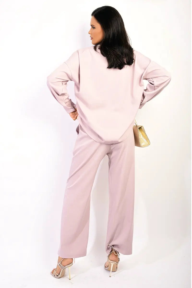 V-neck Long Sleeve Top and Wide Leg Pants Co-ord Set-1