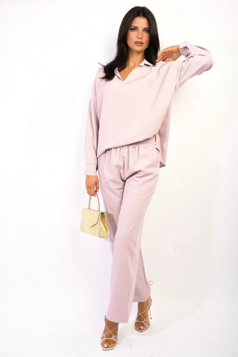 V-neck Long Sleeve Top and Wide Leg Pants Co-ord Set-2