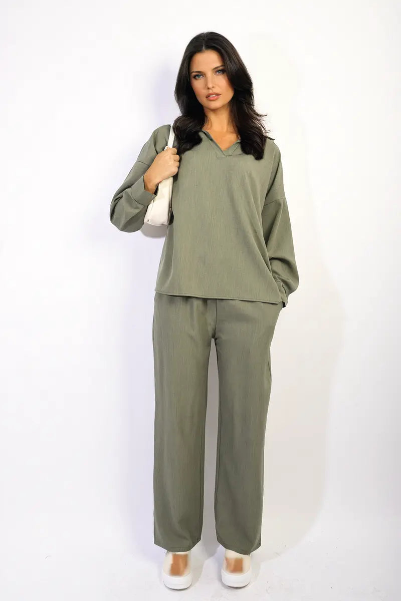 V-neck Long Sleeve Top and Wide Leg Pants Co-ord Set-4