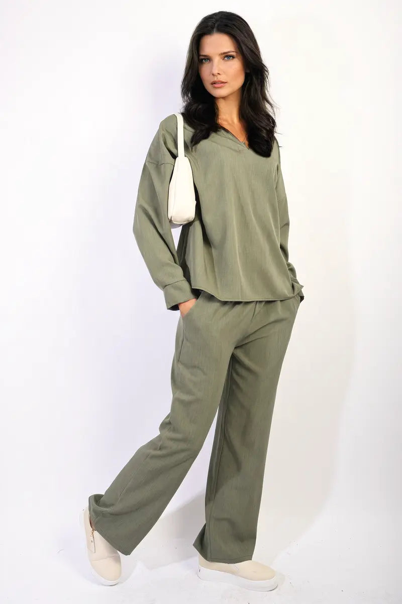 V-neck Long Sleeve Top and Wide Leg Pants Co-ord Set-6