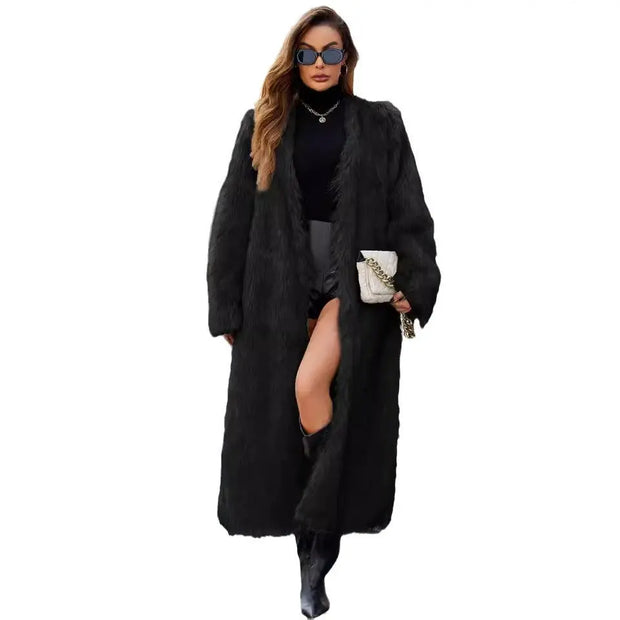 V-neck long faux fur coat - Memoriex 