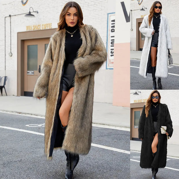 V-neck long faux fur coat - Memoriex 