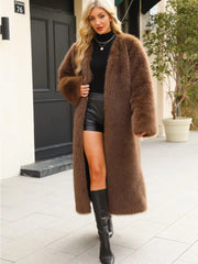 V-neck long faux fur coat - Memoriex 