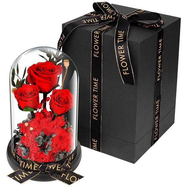 Memoriex Boutique Everlasting Devotion preserved red rose in a luxury glass cloche and black gift box.