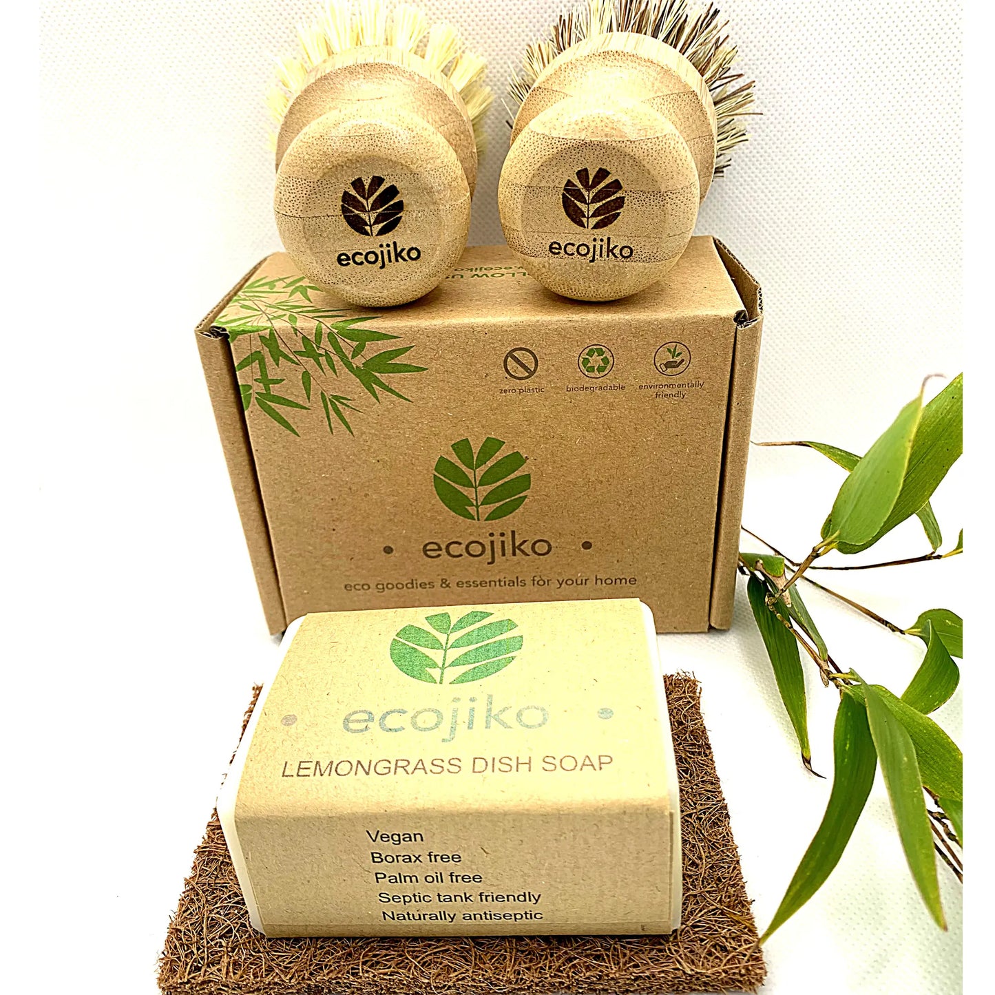 Vegan Dish Soap & Natural Scrubbing Brush Gift Set | Sustainable Bamboo Plant Based Dish Brushes, Coconut Coir Soap Rest & Natural Dish Soap-1