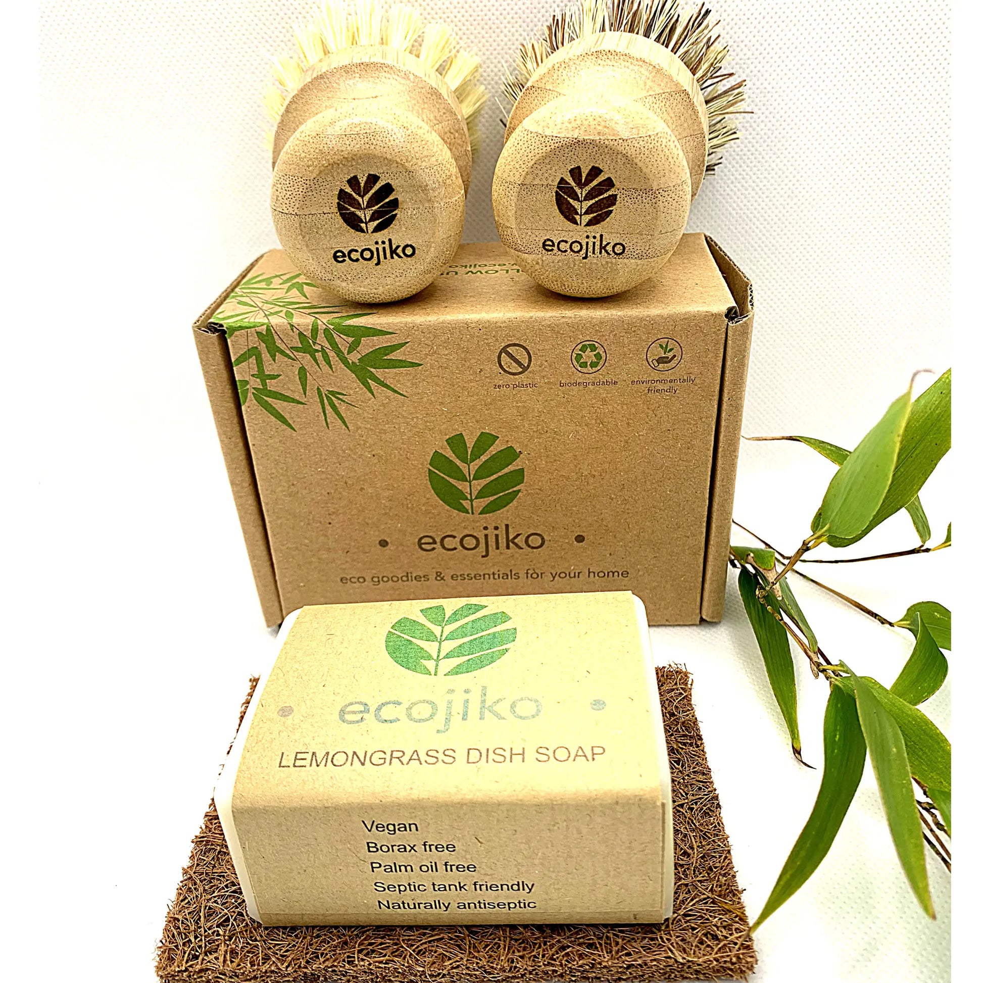 Vegan Dish Soap & Natural Scrubbing Brush Gift Set | Sustainable Bamboo Plant Based Dish Brushes, Coconut Coir Soap Rest & Natural Dish Soap-1