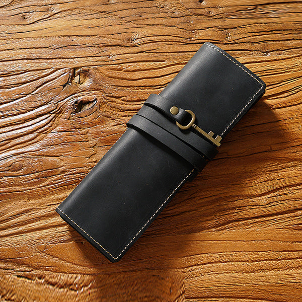 Vintage Cowhide Pen Bag Three Fold Pen Clip Rolling Shutter Stationery - Memoriex 