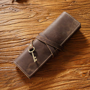 Vintage Cowhide Pen Bag Three Fold Pen Clip Rolling Shutter Stationery - Memoriex 