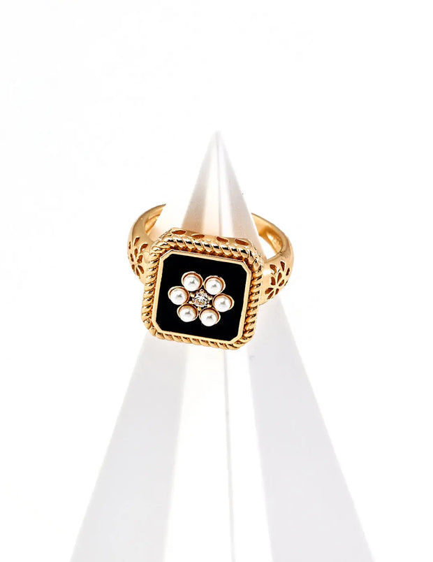 Vintage Floral Imitation Pearl Open Ring-1