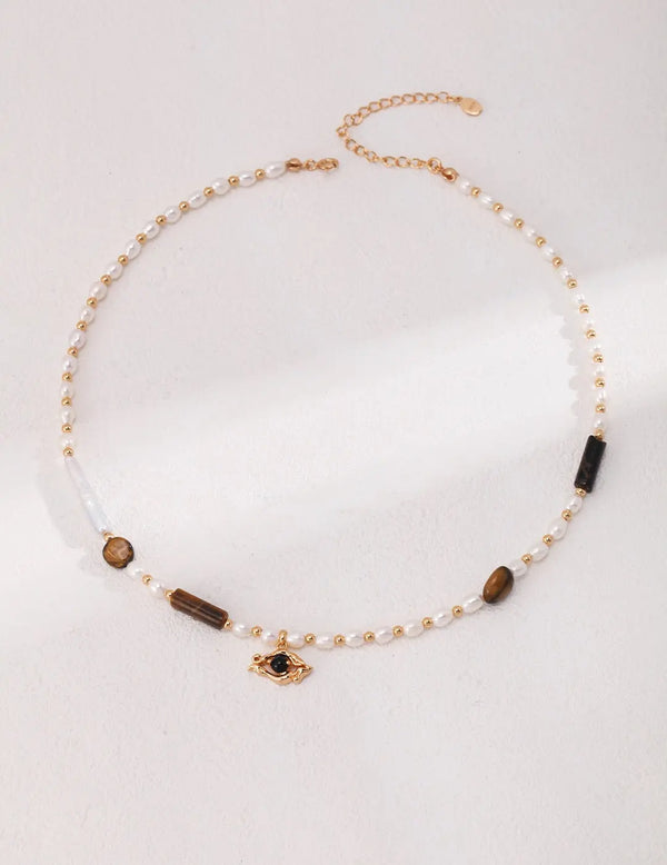 Vintage Gold Pearl Tiger Eye Beaded Necklace - Memoriex