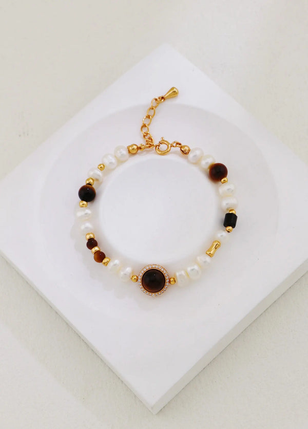 Vintage Gold Tiger Eye & Pearl Charm Bracelet-0