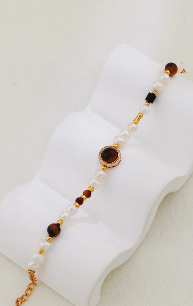Vintage Gold Tiger Eye & Pearl Charm Bracelet-3