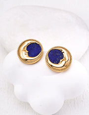 Vintage Lapis Lazuli Moon Face Stud Earrings-0