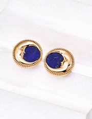 Vintage Lapis Lazuli Moon Face Stud Earrings-1