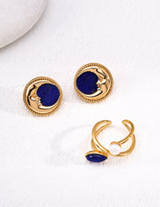 Vintage Lapis Lazuli Moon Face Stud Earrings-2