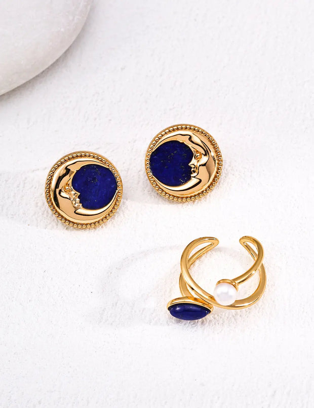 Vintage Lapis Lazuli Moon Face Stud Earrings-2