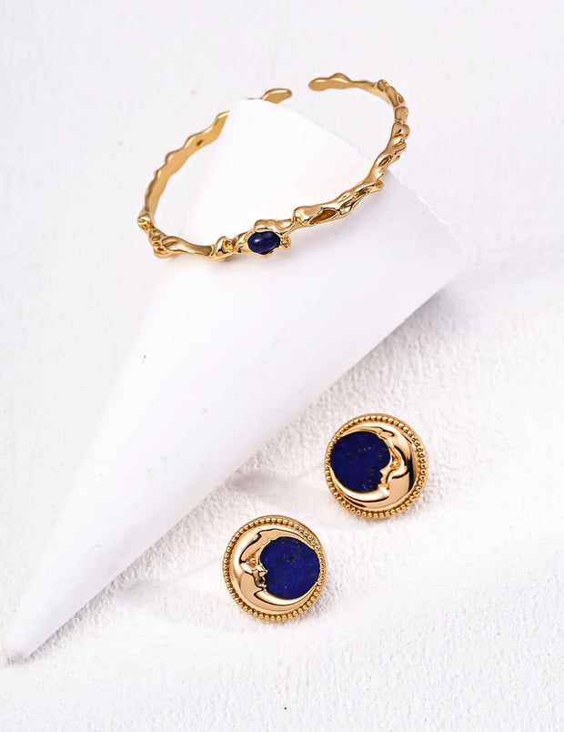 Vintage Lapis Lazuli Moon Face Stud Earrings-3