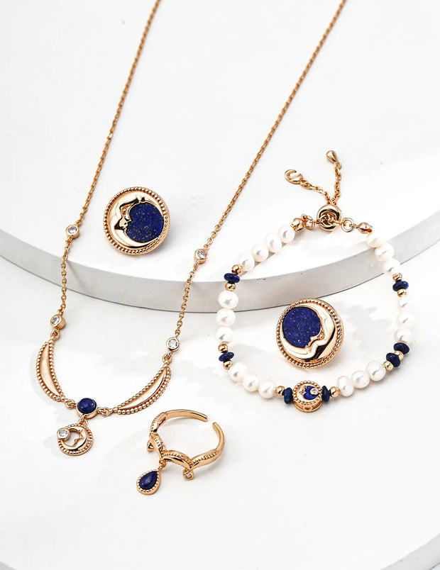 Vintage Lapis Lazuli Moon Face Stud Earrings-4