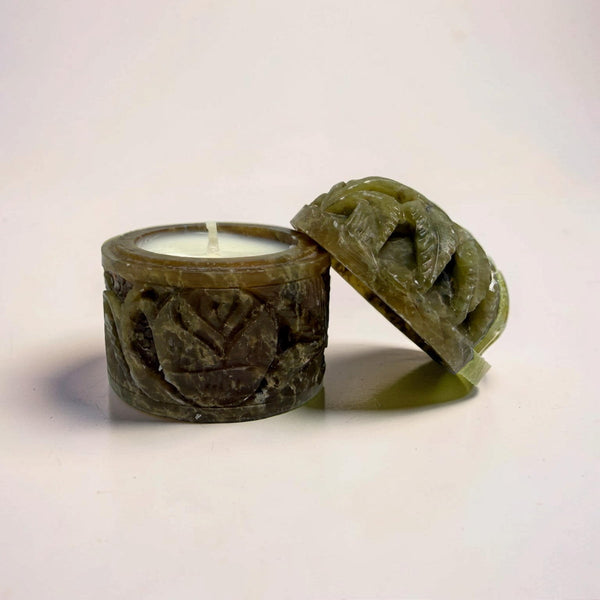 Vintage Carved Soapstone Pot Candle-0